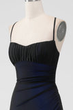 Black Blue Spaghetti Straps Mermaid Pleated Long Bridesmaid Dress with Slit