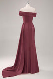 Champagne Mermaid Off the Shoulder Satin Evening Dress with Streamer