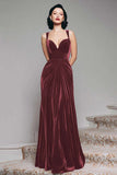Burgundy Velvet Spaghetti Straps Holiday Party Dress with Pleats