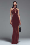 Halter Velvet Dark Green Mermaid Formal Dress with Slit