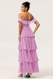 Dusty Blue A-Line Off The Shoulder Tiered Pleated Chiffon Long Bridesmaid Dress