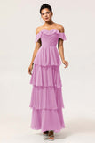 Dusty Blue A-Line Off The Shoulder Tiered Pleated Chiffon Long Bridesmaid Dress