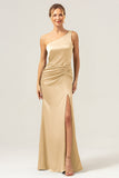Dark Green Elegant Mermaid One Shoulder Pleated Backless Bridesmaid Dress with Slit