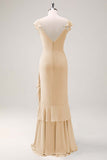 Dusty Sage Sheath V Neck Chiffon Long Bridesmaid Dress with Ruffles