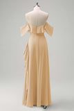 Light Green Sheath Off The Shoulder Chiffon Long Bridesmaid Dress with Ruffle Slit