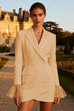 Long Sleeve White Satin Peaked Lapel Short Engagement Dress