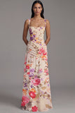 Ivory A Line Floral Ruched Spaghetti Straps Maxi Dress