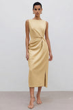 Orange Bateau Neck Sheath Ruched Midi Work Dress With Slit