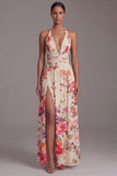 Halter Black Printed Floral A Line Long Evening Dress with slit