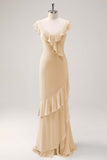 Dusty Sage Sheath V Neck Chiffon Long Bridesmaid Dress with Ruffles