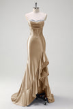 Sparkly Grey Blue Mermaid Ruffled Corset Strapless Satin Long Prom Dress with Slit