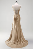Sparkly Grey Blue Mermaid Ruffled Corset Strapless Satin Long Prom Dress with Slit
