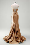 Dark Green Mermaid Strapless Beaded Corset Keyhole Satin Prom Dress with Slit
