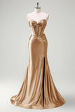 Dark Green Mermaid Strapless Beaded Corset Keyhole Satin Prom Dress with Slit