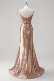 Green Mermaid Pleated Corset Beaded Long Prom Dress with Slit