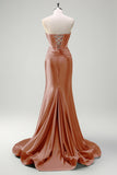 Dark Green Mermaid Strapless Beaded Corset Keyhole Satin Prom Dress with Slit