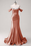 Mermaid Cold Shoulder Sequin Ruched Satin Golden Long Prom Dress