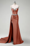 Sparkly Dark Green Mermaid Side Streamer Sequins Corset Satin Prom Dress with Slit