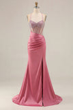 Mermaid Corset Beaded Pink Satin Prom Dress