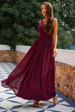 Burgundy V Neck Lace A Line Long Formal Dress