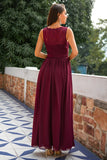 Burgundy V Neck Lace A Line Long Formal Dress