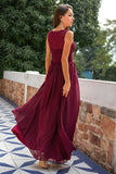 Burgundy V Neck Lace A Line Long Formal Dress