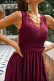 Burgundy V Neck Lace A Line Long Formal Dress