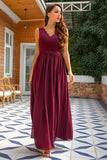 Burgundy V Neck Lace A Line Long Formal Dress