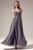 Burgundy V Neck Lace A Line Long Formal Dress