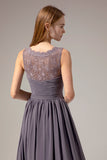 Burgundy V Neck Lace A Line Long Formal Dress