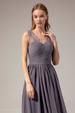 Burgundy V Neck Lace A Line Long Formal Dress