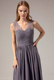 Burgundy V Neck Lace A Line Long Formal Dress