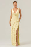 Burgundy Sheath V Neck Floral Open Back Bridesmaid Dress with Ruffle Slit