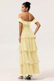 A-Line Off The Shoulder Tiered Ruched Chiffon Long Eucalyptus Bridesmaid Dress