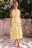 Pink Halter A Line Tiered Ruffle Midi Wedding Guest Dress
