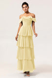 A-Line Off The Shoulder Tiered Ruched Chiffon Long Eucalyptus Bridesmaid Dress