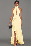 Black Halter Long Evening Dress With Ruffle Slit