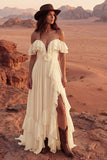 Off the Shoulder Ruffle A Line Ivory Long Wedding Dress with Slit