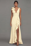 Dark Green Bow Ruffle V-Neck Evening Dress With Slit