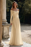 Off The Shoulder Long Sleeve Ivory Engagement Dress With Pleats