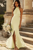 Dusty Sage Mermaid Halter Ruched Long Bridesmaid Dress With Slit