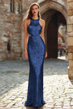 Sparkly Mermaid Halter Cut Out Gold Evening Dress
