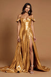 Golden Off The Shoulder Long Prom Dress