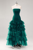 Black Strapless Tiered Tulle Ruffles Evening Dress
