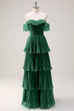 Eucalyptus A-Line Off The Shoulder Tiered Pleated Floor Length Bridesmaid Dress