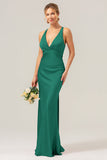 Champagne Mermaid Deep V Neck Ruched Long Bridesmaid Dress with Lace Up Back