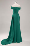 Champagne Mermaid Off the Shoulder Satin Evening Dress with Streamer