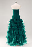 Black Strapless Tiered Tulle Ruffles Evening Dress