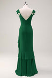 Dusty Sage Sheath V Neck Chiffon Long Bridesmaid Dress with Ruffles