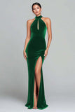Halter Burgundy Velvet Mermaid Formal Dress with Slit